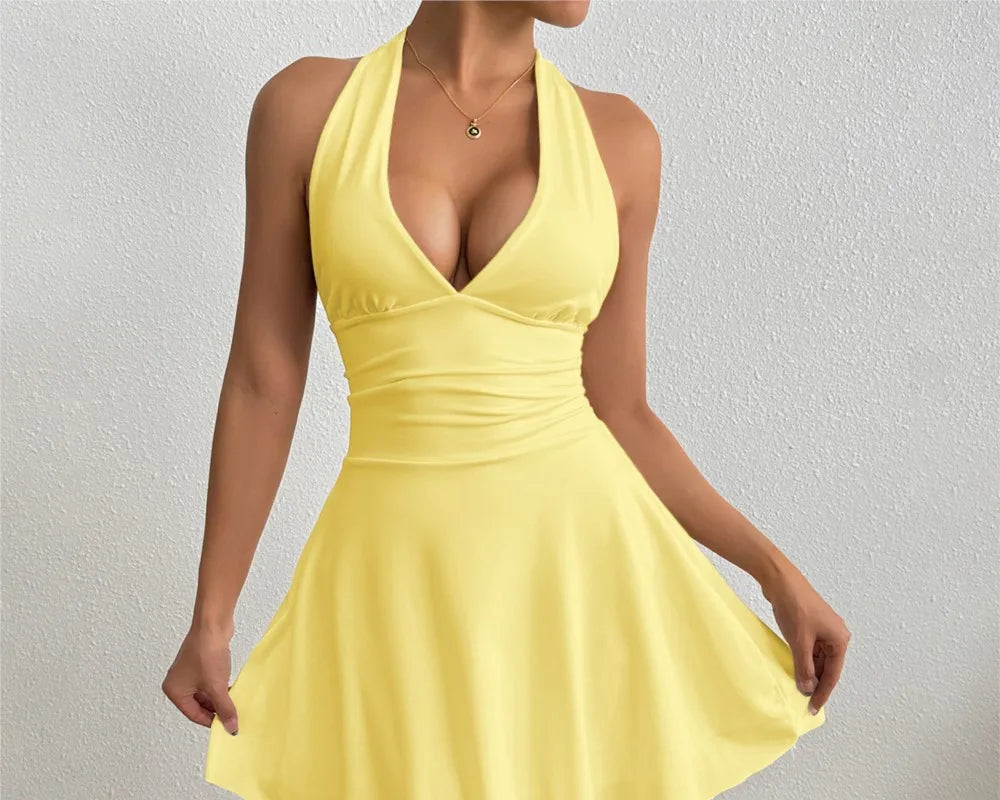 Neckholder-Kleid mit tiefem V-Ausschnitt Blau