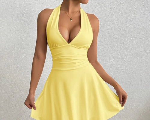 Neckholder-Kleid mit tiefem V-Ausschnitt Blau